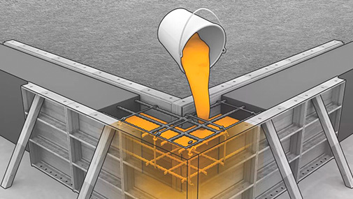 A construction worker is guiding a cement mixer truck chute as concrete is being offloaded for a new house footing. The background is overcast blue sky with another worker, wearing a safety vest, cleaning a mixer chute. http://www.banksphotos.com/LightboxBanners/Concrete.jpg